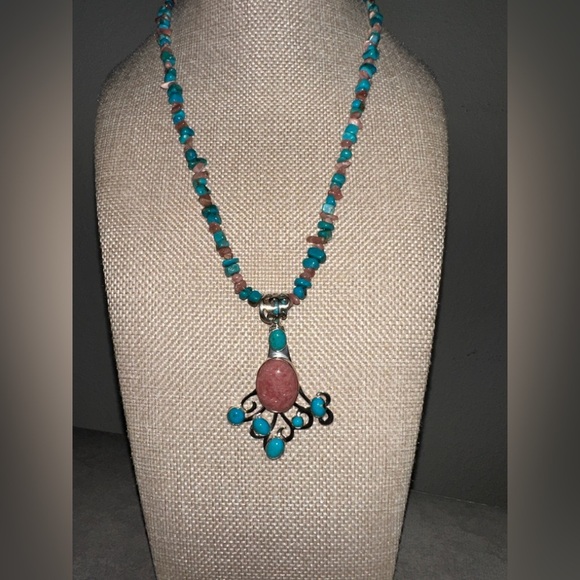 Turquoise & Rhodochrosite bead necklace with pendant by Jay King - Picture 1 of 14